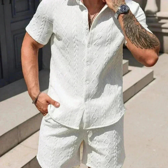 White Casual Men's Summer Solid Textured Shirt And Shorts Set - Picture 1 of 5